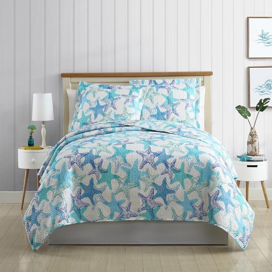 cxmicrotex Coastal Style Shell Denizyıldızı Desen Baskılı Kapitone Yatak Örtüsü Takımı